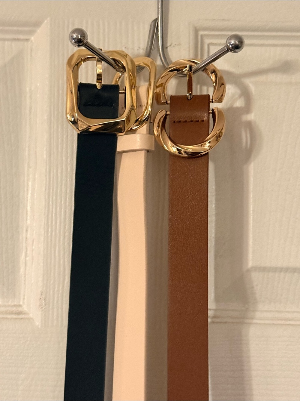 Women’s Faux Leather Belt Trio — Black, Cream & Brown with Gold Buckles